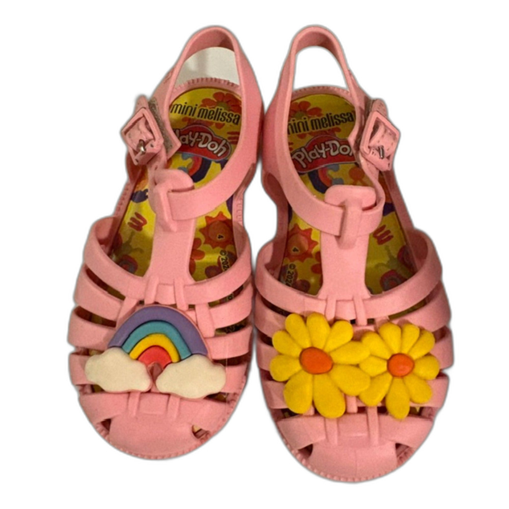 Mini Melissa Play-Doh pink girls sandal shoes with rainbow and flowers, size 9US